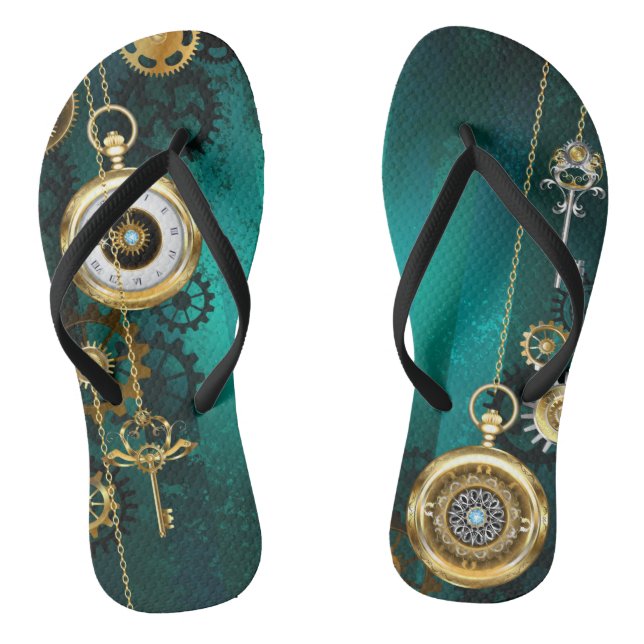 Steampunk Jewellery Watch on a Green Background Thongs (Footbed)