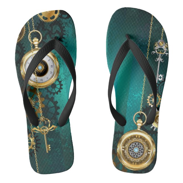 Steampunk Jewellery Watch on a Green Background Thongs (Footbed)