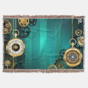 Steampunk Jewellery Watch on a Green Background Throw Blanket