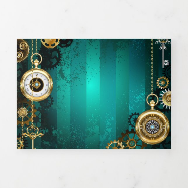 Steampunk Jewellery Watch on a Green Background Tri-Fold Announcement (Cover)