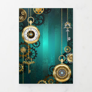 Steampunk Jewellery Watch on a Green Background Tri-Fold Announcement