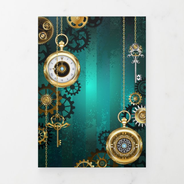 Steampunk Jewellery Watch on a Green Background Tri-Fold Card (Cover)