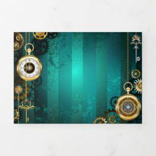 Steampunk Jewellery Watch on a Green Background Tri-Fold Card