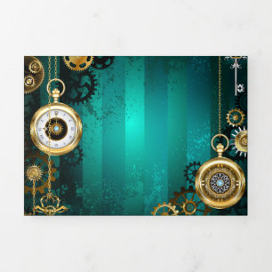 Steampunk Jewellery Watch on a Green Background Tri-Fold Holiday Card