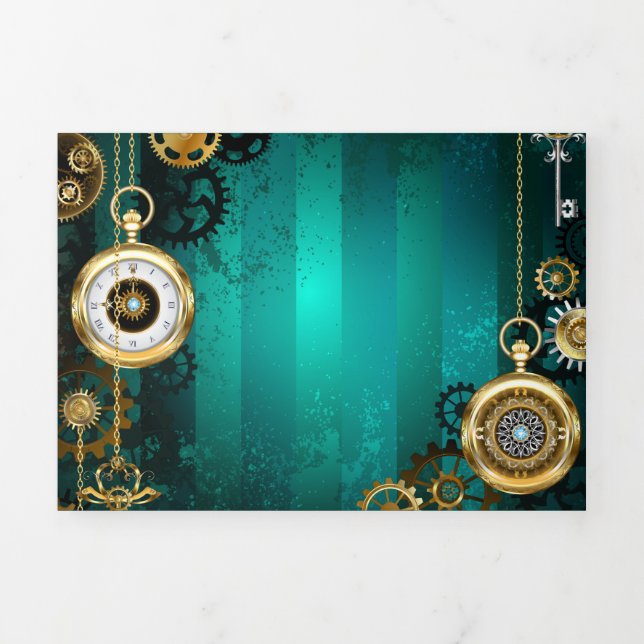 Steampunk Jewellery Watch on a Green Background Tri-Fold Holiday Card (Cover)