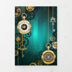 Steampunk Jewellery Watch on a Green Background Tri-Fold Holiday Card