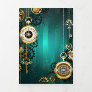 Steampunk Jewellery Watch on a Green Background Tri-Fold Invitation