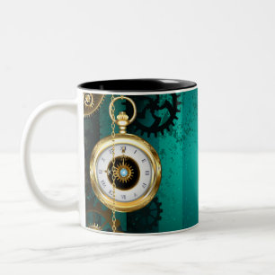 Steampunk Jewellery Watch on a Green Background Two-Tone Coffee Mug