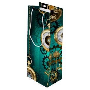 Steampunk Jewellery Watch on a Green Background Wine Gift Bag