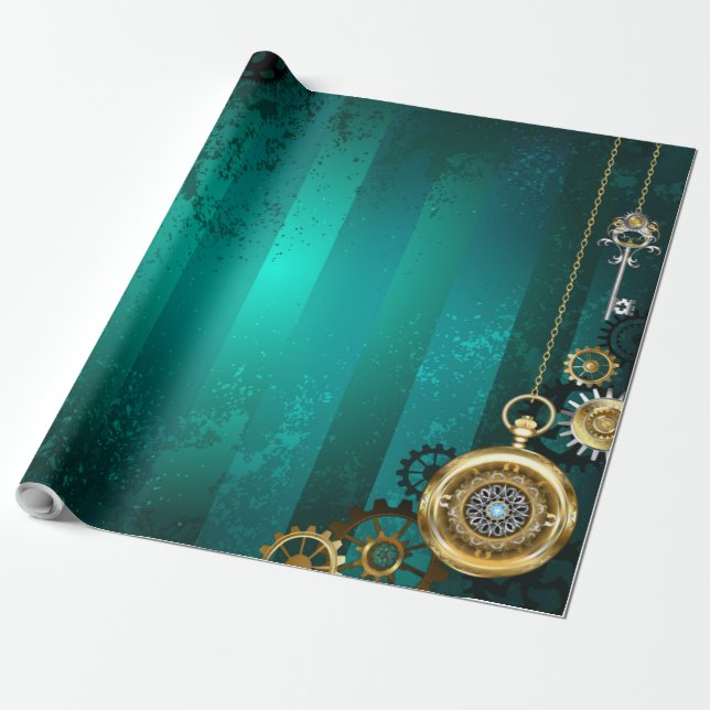 Steampunk Jewellery Watch on a Green Background Wrapping Paper (Unrolled)