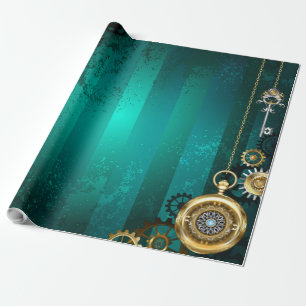 Steampunk Jewellery Watch on a Green Background Wrapping Paper