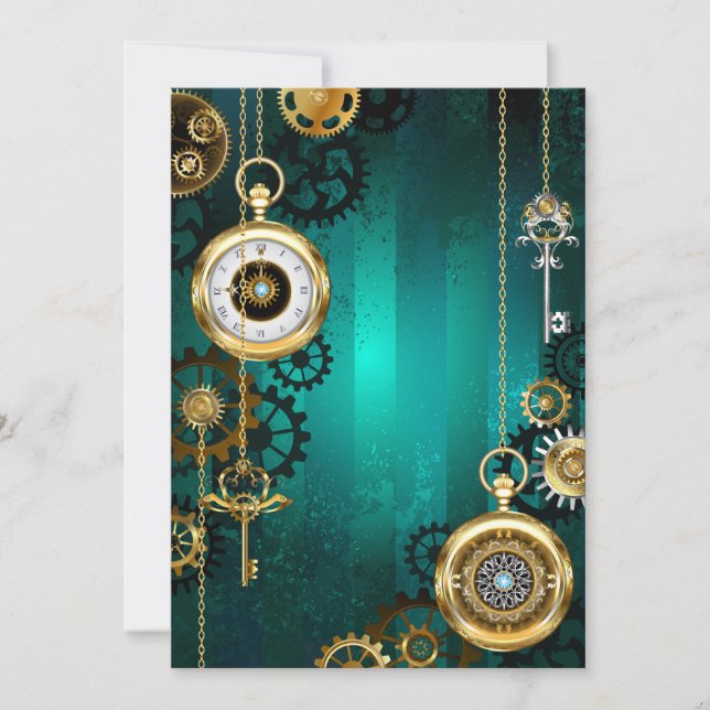 Steampunk Jewelry Watch on a Green Background Invitation (Front)