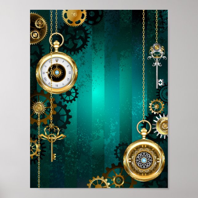 Steampunk Jewelry Watch on a Green Background Poster (Front)