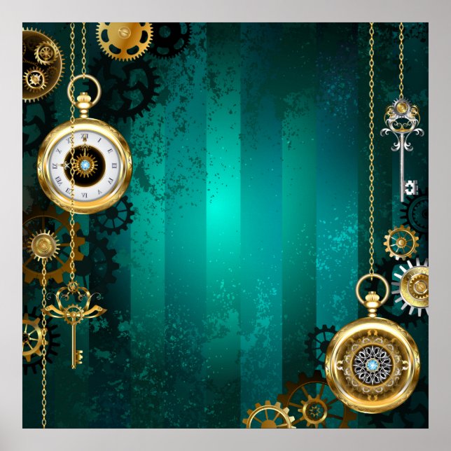 Steampunk Jewelry Watch on a Green Background Poster (Front)
