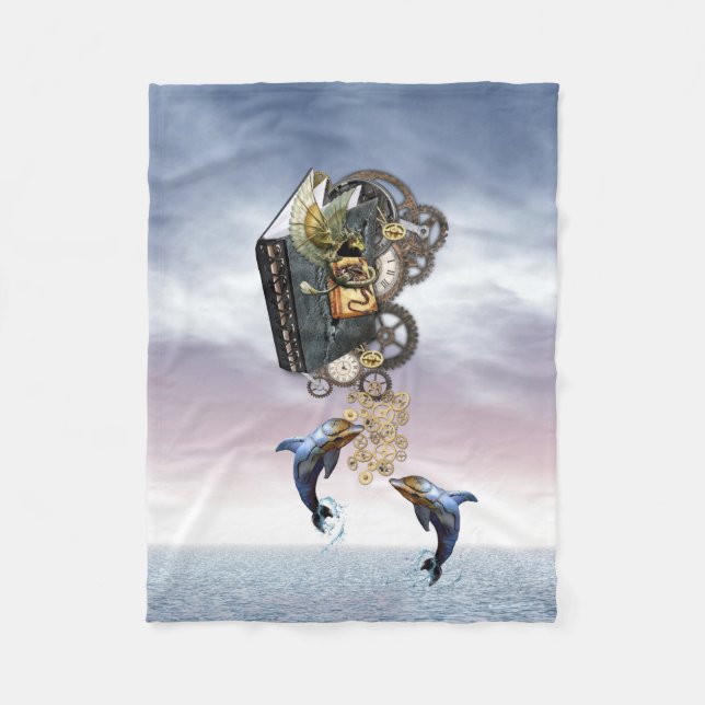 Steampunk jumping dolphins fleece blanket (Front)
