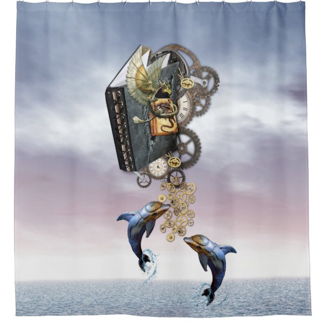 Steampunk jumping dolphins shower curtain (Front)