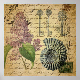 steampunk keys french botanical purple lilac poster