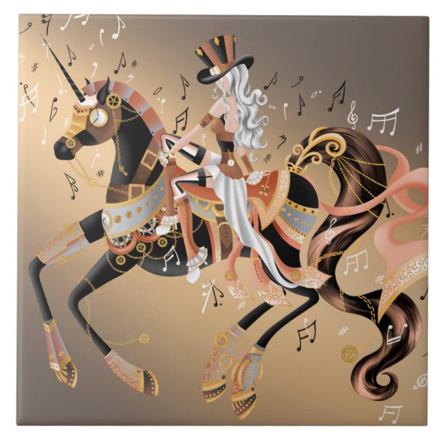 Steampunk Lady and Mechanical Horse  Ceramic Tile (Front)