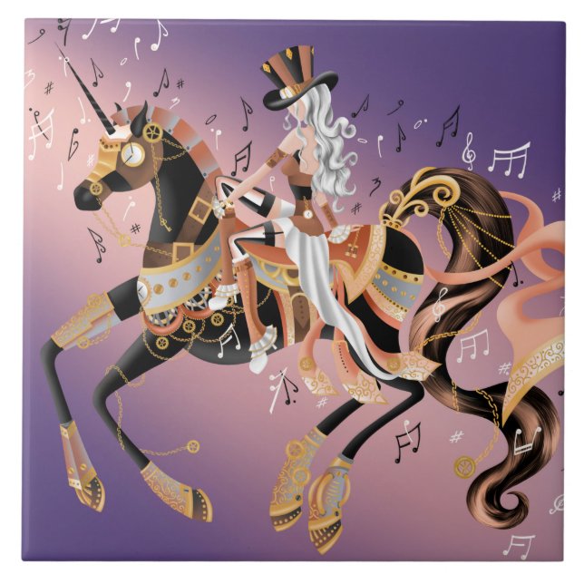 Steampunk Lady and Mechanical Horse  Ceramic Tile (Front)