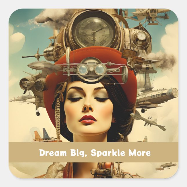 Steampunk Lady Dream Big, Sparkle More Square Sticker (Front)