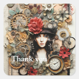 Steampunk Lady with flower hair and hat Art Page Square Sticker