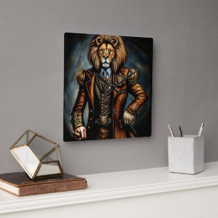 Steampunk lion in a suit square wall clock