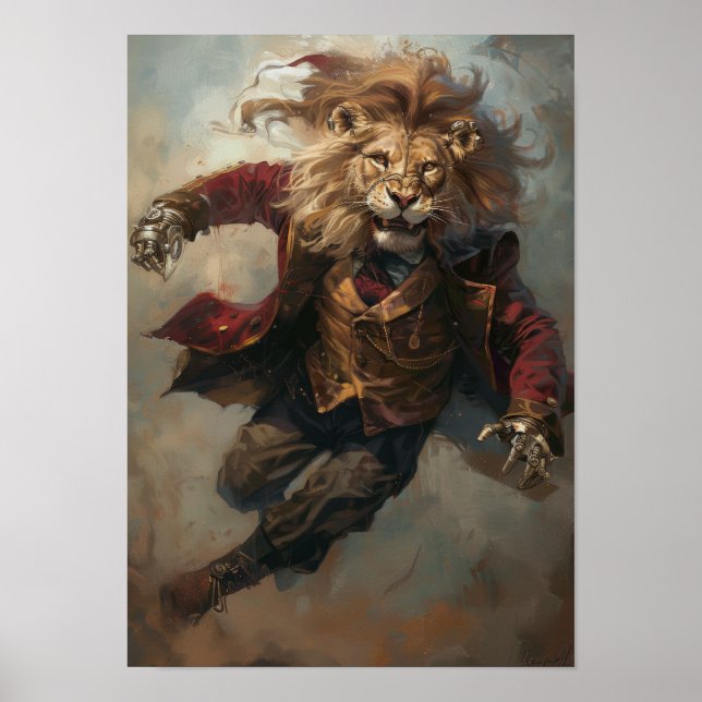 Steampunk Lion Poster | Artistic Lion in Human Clo (Front)