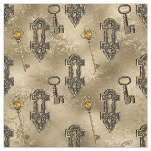 Steampunk Lock and Key Gold Vintage Decoupage Fabric