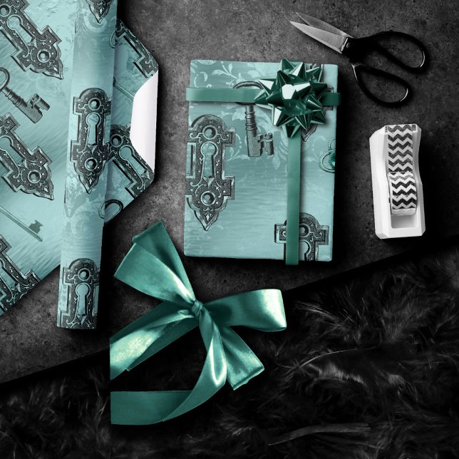Steampunk Lock and Key Teal | Vintage Decoupage Wrapping Paper (Creator Uploaded)