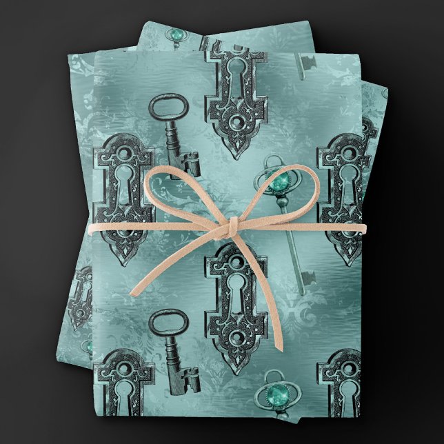 Steampunk Lock and Key Teal | Vintage Decoupage Wrapping Paper Sheet (Creator Uploaded)