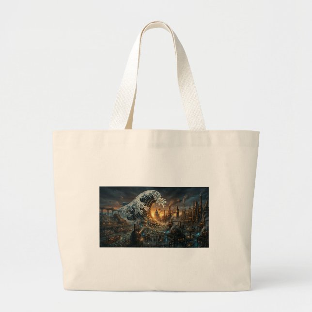 Steampunk London Great Wave of Plastic Junk Large Tote Bag (Front)