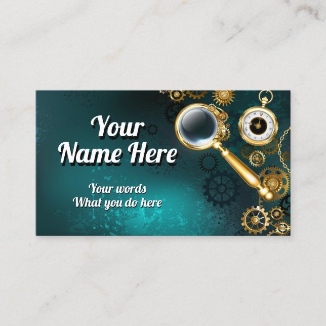 Steampunk magnifier clockwork gears business card (Front)