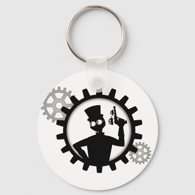 Steampunk Man Holding Gun in Gear Button Keychain (Front)