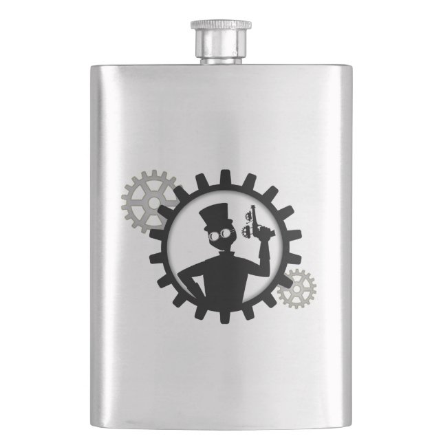 Steampunk Man Holding Gun In Gear Hip Flask (Front)