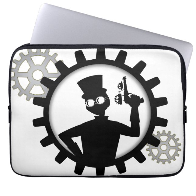 Steampunk Man Holding Gun In Gear Laptop Sleeve (Front)