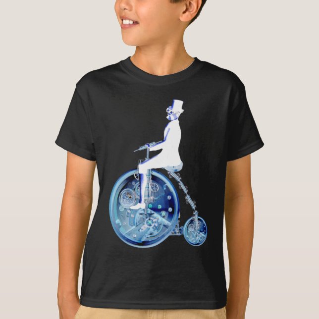 Steampunk man on penny farthing blue white neon T-Shirt (Front)