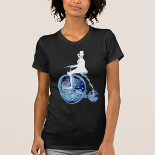 Steampunk man on penny farthing blue white neon T-Shirt