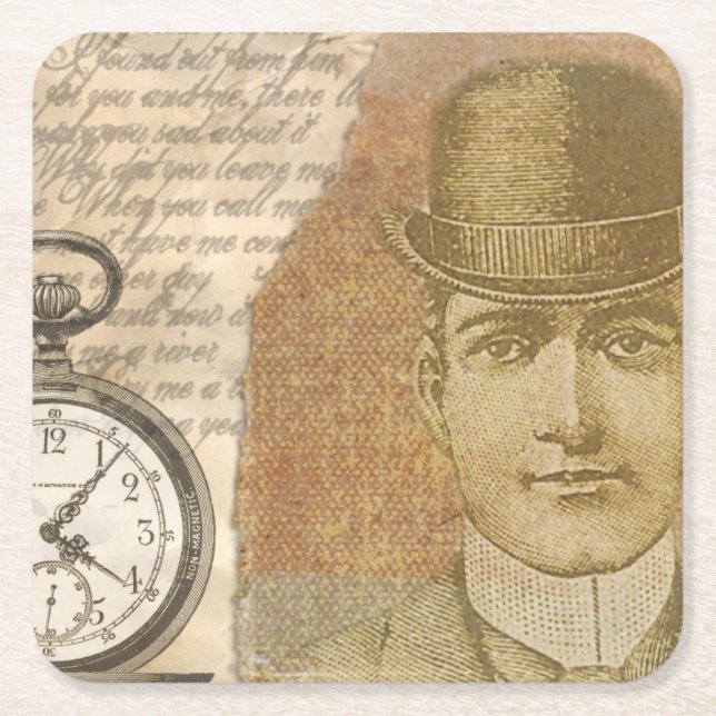 Steampunk Man Pocket Watch Bowler Hat Square Paper Coaster (Front)