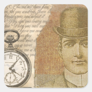 Steampunk Man Pocket Watch Bowler Hat Square Sticker