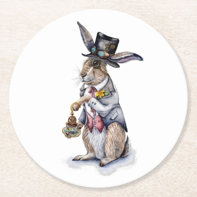 Steampunk March Hare Round Paper Coaster (Front)