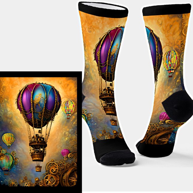 Steampunk Mauve & Blue Hot Air Balloon Orange Sky Socks (Creator Uploaded)