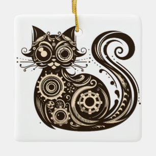 Steampunk Mechanical Cat Ceramic Ornament