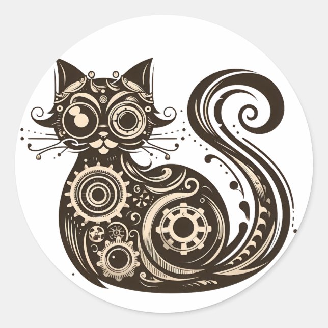 Steampunk Mechanical Cat Classic Round Sticker (Front)
