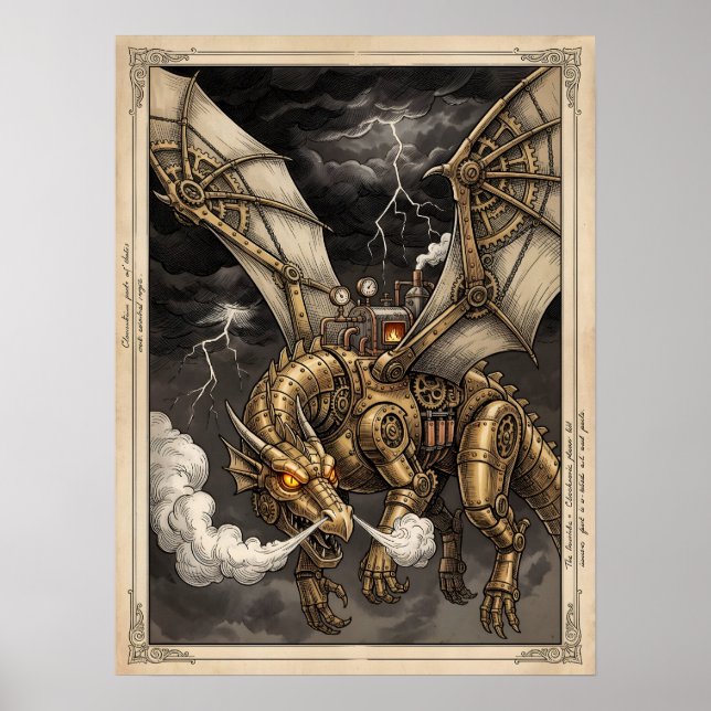  Steampunk Mechanical Dragon Brass Gears Victorian Poster (Front)