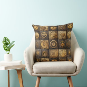 Steampunk Mechanical Gear Tile Pattern Gold Bronze Cushion