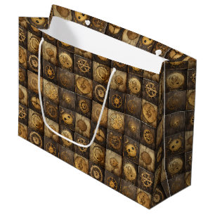 Steampunk Mechanical Gear Tile Pattern Gold Bronze Large Gift Bag