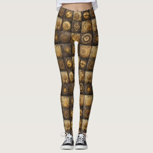 Steampunk Mechanical Gear Tile Pattern Gold Bronze Leggings