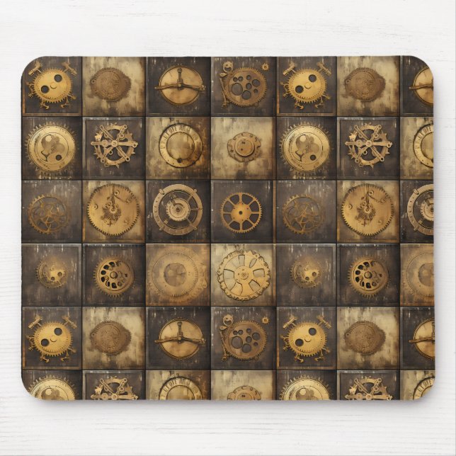 Steampunk Mechanical Gear Tile Pattern Gold Bronze Mouse Pad (Front)