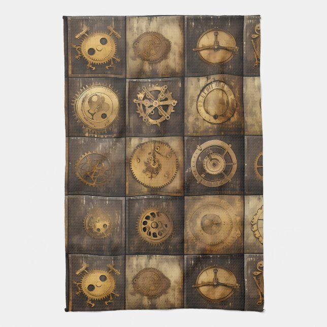 Steampunk Mechanical Gear Tile Pattern Gold Bronze Tea Towel (Vertical)