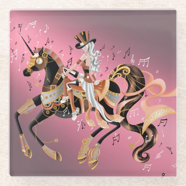 Steampunk Mechanical Horse & Lady Glass Coaster (Front)